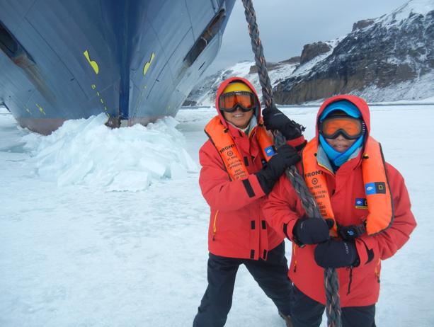 pulling the boat in Antarctica on ice