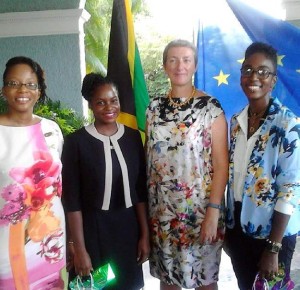 2015 Erasmus Mundus Scholarship recipients from Jamaica, with Ambassador Paola Amadei, Head of EU delegation in Jamaica. L to R Nicole Ennis, Tami Palmer, Ambassador Amadei and Kim-Lee Campbell  - Photo via Instagram @DberryT4