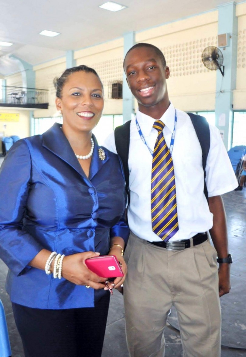 Ardene Principal, Nadine Molloy and student, Hanif Brown, National Spelling Bee coach