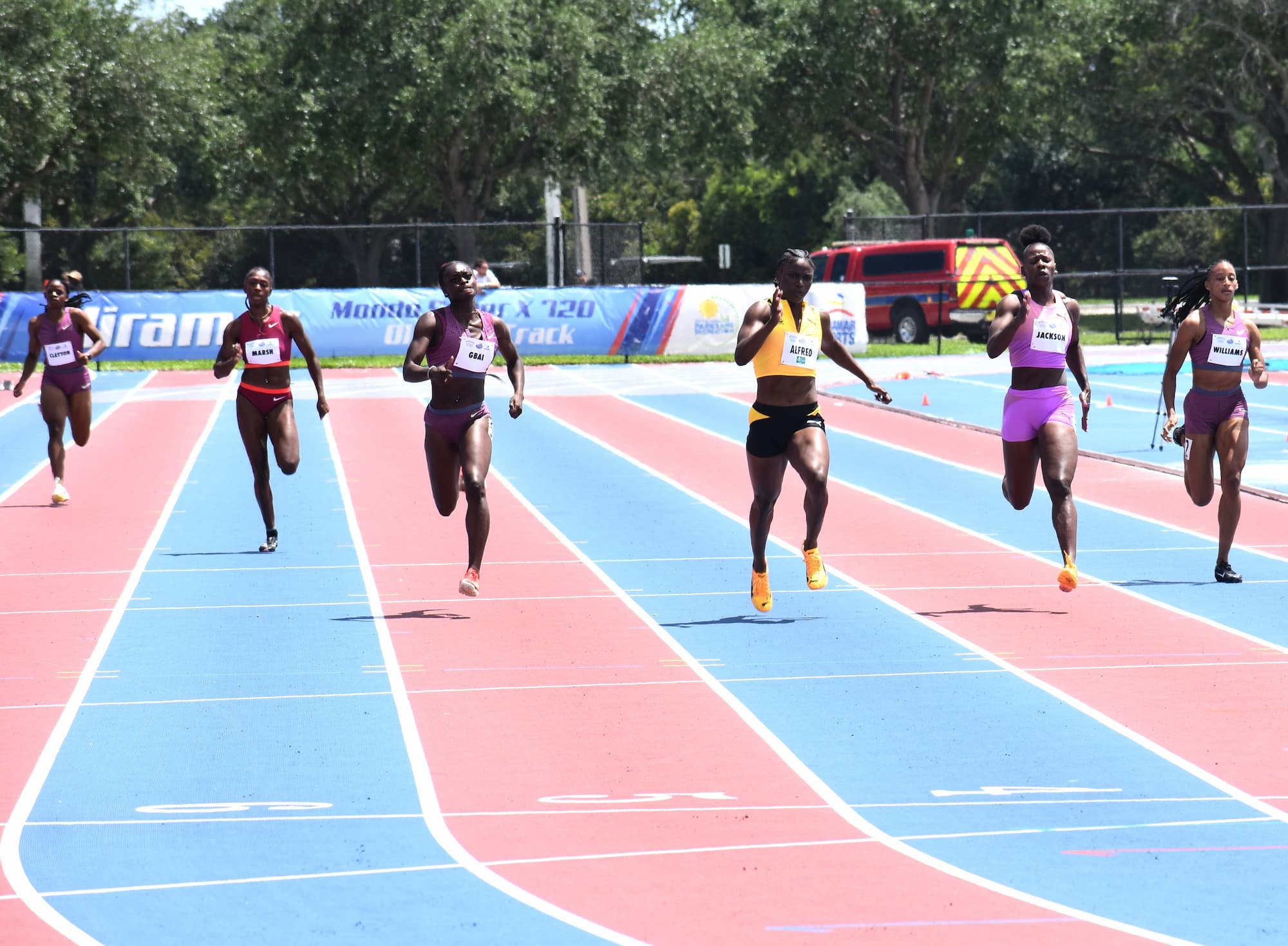 Julien Alfred Edges Shericka Jackson in Thrilling 300m Clash at 2025 Miramar Invitational