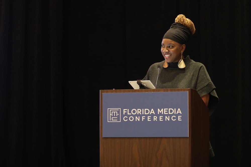 Calibe Thompson presenting at the 2021 Florida Media Conference. Photo credit: David I. Muir (Island Syndicate)