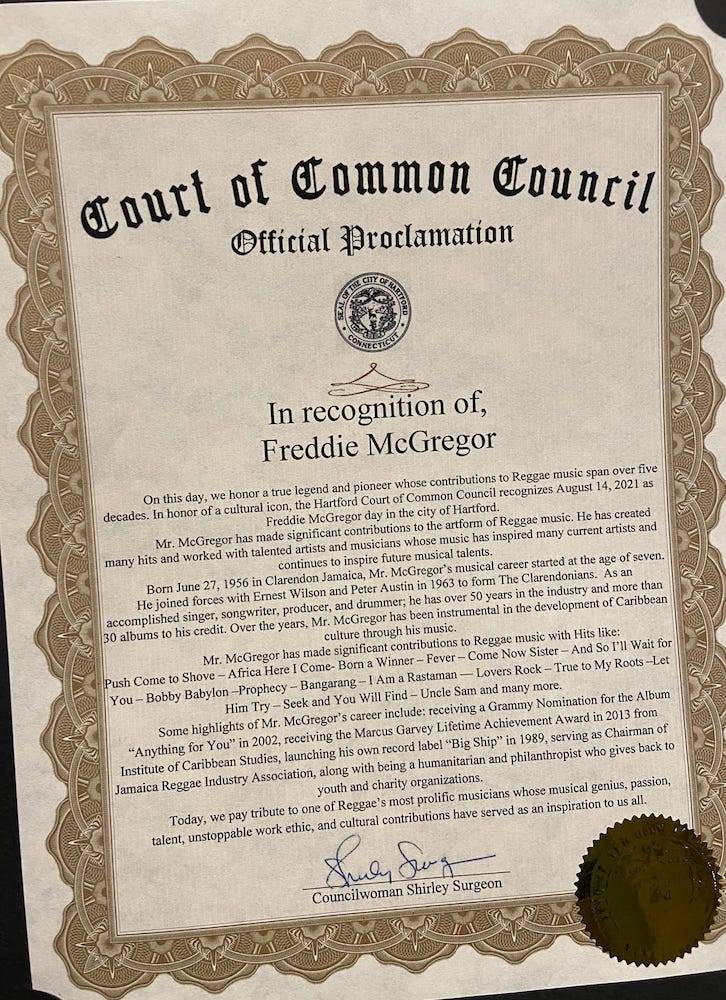 City ofHartford Proclamation of Reggae Singer Freddie McGregor Day