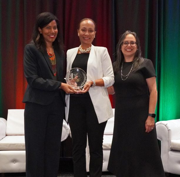 Kendra Hopkin Stewart, President of the Grenada Hotel & Tourism Association (center), accepts the late Sir Royston Hopkin’s Icon of Caribbean Hospitality award from CHTA President Nicola Madden-Greig and CHTA Acting CEO and Director General, Vanessa Ledesma (right).