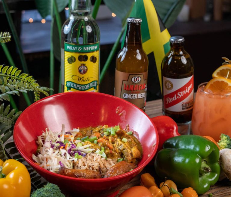 Pimento Jamaican Kitchen - Curry Goat Rice Red Stripe and White Rum