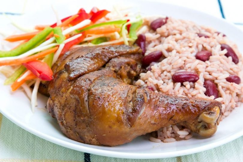 Typical Jamaican Meal Jerk Chicken Rice and Peas