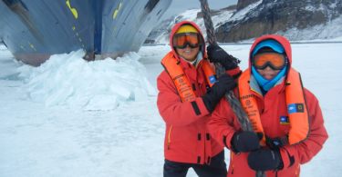 pulling the boat in Antarctica on ice